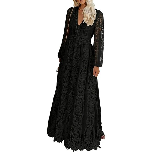Women's Long Sleeve Black Off The Shoulder Floral Lace Wedding Long Dress Maxi
